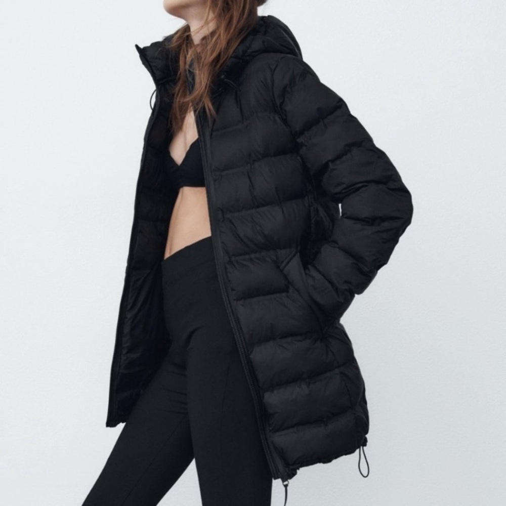 ZARA Water-Repellent Packaway Puffer Long Coat XXL Hooded Black Lightweight
